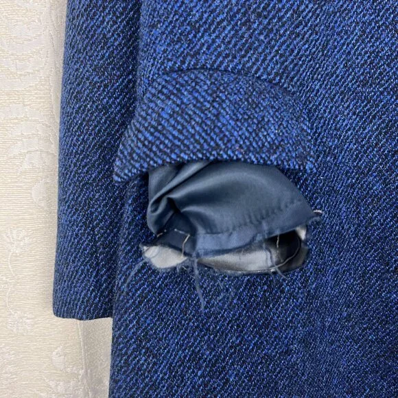 Harris Tweed blue wool overcoat vintage collared long winter coat classic flawed - Picture 11 of 14